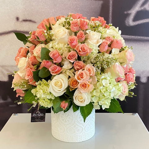 Blush roses and peach baby roses